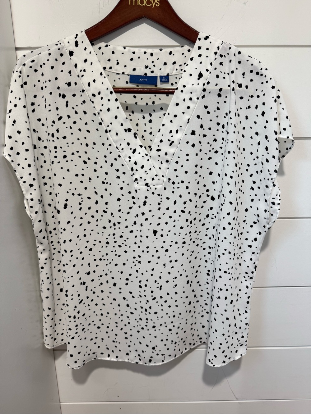 Apt. 9 White Blouse with Black Dot Print V-Neck
